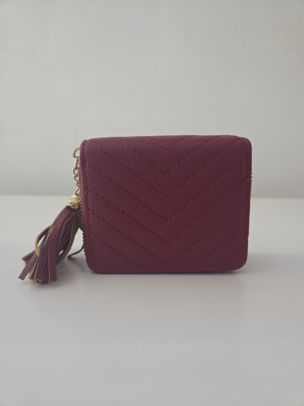 Burgundy Quilted Zip-Around Wallet with Tassel for Women Credit Card